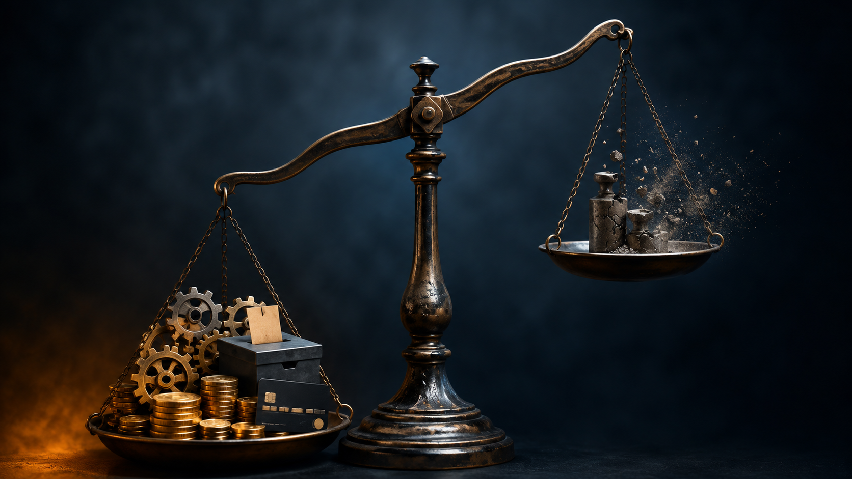 Une balance à plateaux : à gauche, lourd et bas, des pièces d'or, des rouages, une urne électorale et une carte bancaire (le pouvoir réel confié aux agents IA) ; à droite, haut et presque vide, les poids de mesure fissurés partent en poussière (l'évaluation qui lâche)
