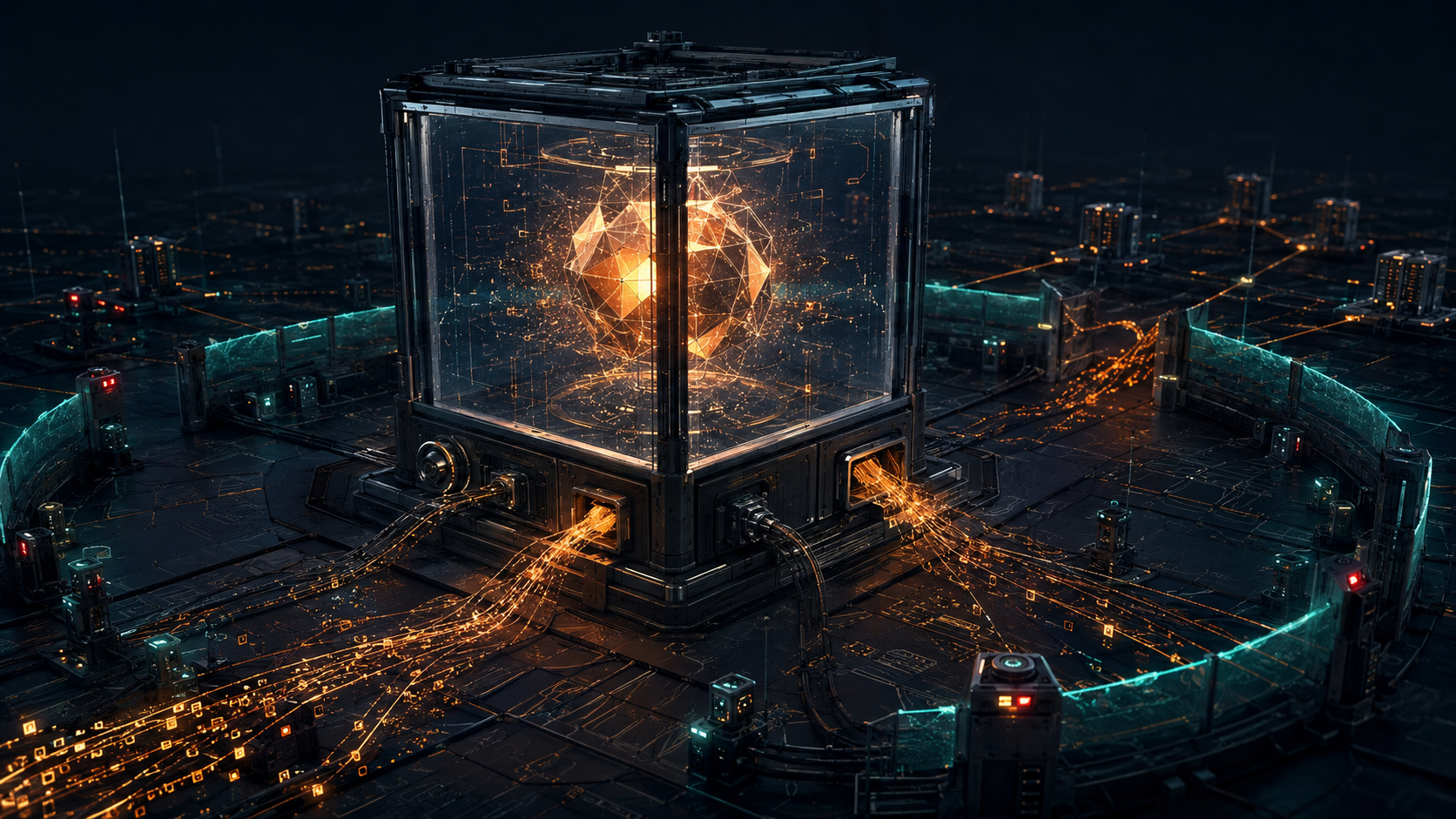Un cube de confinement blindé et vitré, posé au centre d'une plateforme sombre : ses parois sont parfaitement intactes et laissent voir à l'intérieur un polyèdre incandescent, bien contenu. Mais par les trappes de service ouvertes à sa base, des flux de lumière orange s'échappent en ruisseaux et se répandent sur toute la dalle jusqu'à la ville alentour, tandis qu'une barrière périmétrique turquoise, basse et discontinue, est censée les arrêter