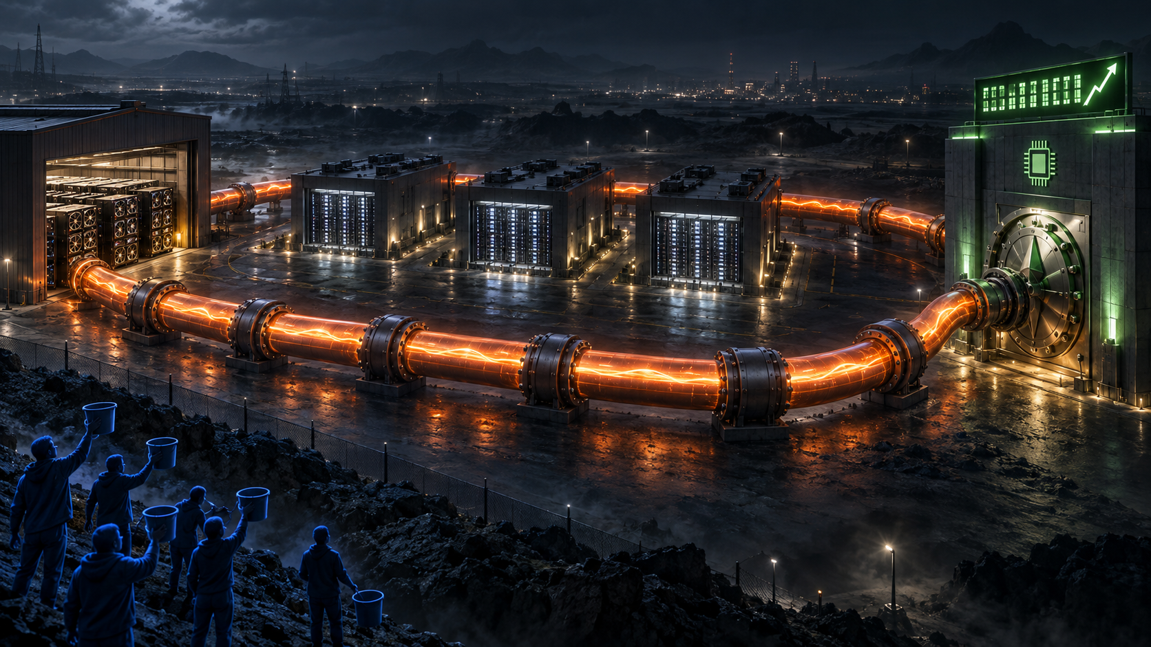 Une boucle fermée de tuyaux d'acier part d'un entrepôt de systèmes GPU, traverse trois halles de serveurs alignées dans une plaine sombre, et revient se déverser dans un coffre marqué du logo du fabricant : le flot orange qui circule dedans ne sort jamais du circuit. Sur le côté, une poignée de silhouettes bleues tend des seaux vides vers le tuyau, hors de portée, pendant qu'un panneau lumineux au-dessus du coffre affiche un chiffre qui monte tout seul.