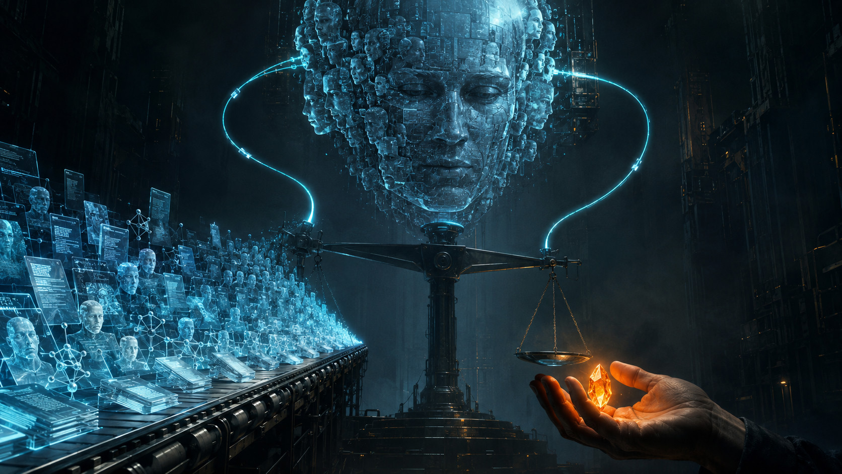 Un visage géant composé de dizaines de visages humains plus petits surplombe une balance de justice ; à gauche, un tapis roulant déverse en série des fiches de données lumineuses identiques, à droite une main humaine tient un cristal orange, seule source de chaleur de la scène.