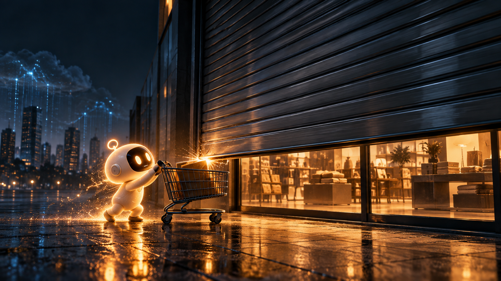 La nuit, sous la pluie, un petit robot blanc lumineux pousse un chariot de courses contre le rideau métallique d'une boutique éclairée qui se referme, sur fond de ville et de nuage de données