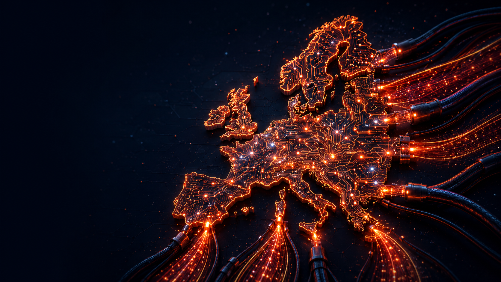 Carte de l'Europe dessinée en circuit imprimé orange sur fond bleu nuit, alimentée par d'épais câbles de données venus de l'extérieur du cadre : la dépendance technologique sous le discours de souveraineté