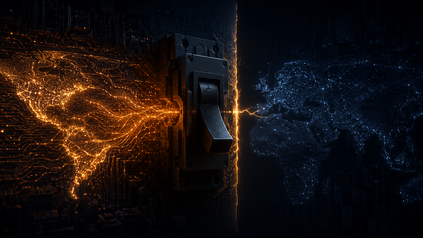 Un fleuve de lumière orange, fait de code et de connexions, traverse un fond bleu nuit reliant les continents ; en son centre, un interrupteur géant le coupe net, et au-delà de la coupure l'Europe et le reste du monde s'éteignent dans un bleu froid : l'accès à l'IA frontière, débranché à distance.