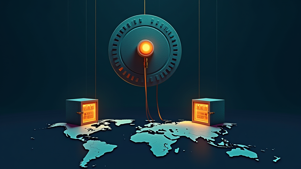 Un interrupteur souverain géant au-dessus d'une mappemonde : à gauche des serveurs américains verrouillés, à droite des coffres de poids ouverts chinois, l'Europe prise entre deux câbles.
